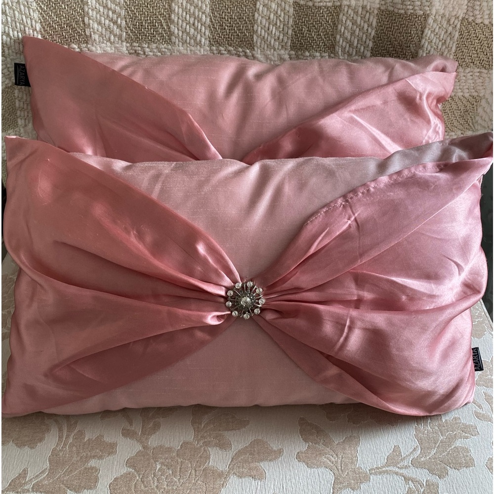 PAIR OF 20”x12” DECORATIVE PILLOWS PINK SILKY AND SATIN MATERIAL AND RHINESTONE